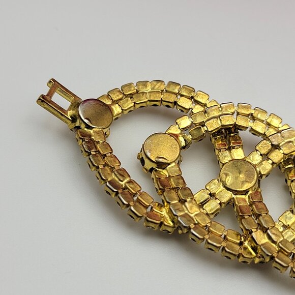 Vintage Gold Tone Clear Crystal Statement Chain Bracelet 7" Fold Over Clasp - Picture 12 of 15